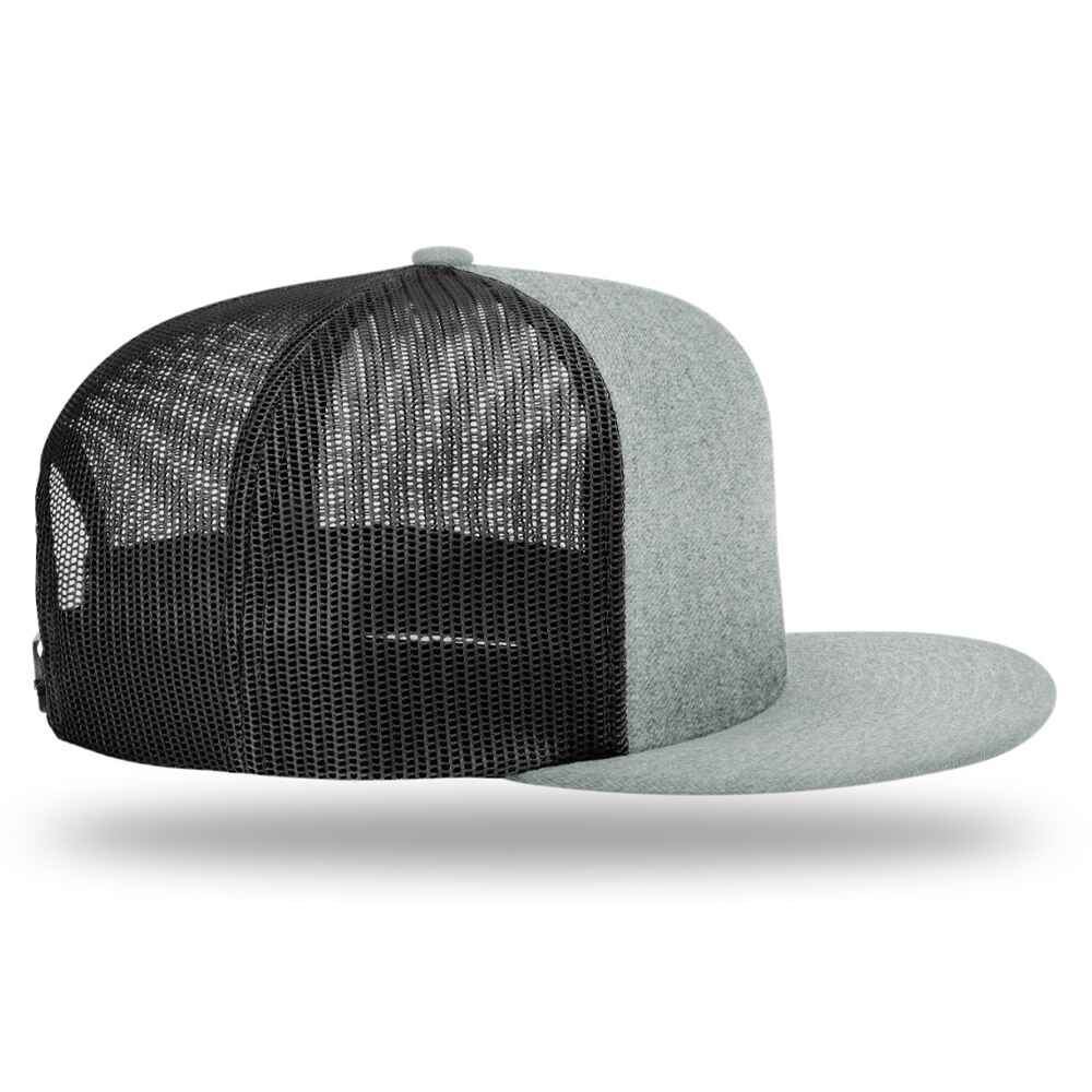 Custom Flat Brim Baseball Caps Richardson 511 trucker hat style Black Mesh Back Heather Grey Acrylic Polyester Blend Fabric Right view