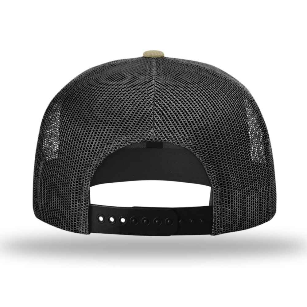 Custom Flat Brim Baseball Caps Richardson 511 trucker hat style Black Mesh Back Khaki Acrylic Polyester Blend Fabric Back  view