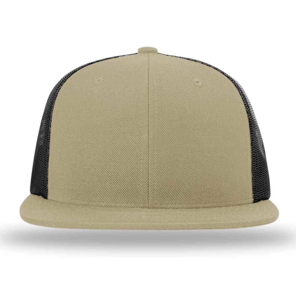 Custom Flat Brim Baseball Caps Richardson 511 trucker hat style Black Mesh Back Khaki Acrylic Polyester Blend Fabric Front view