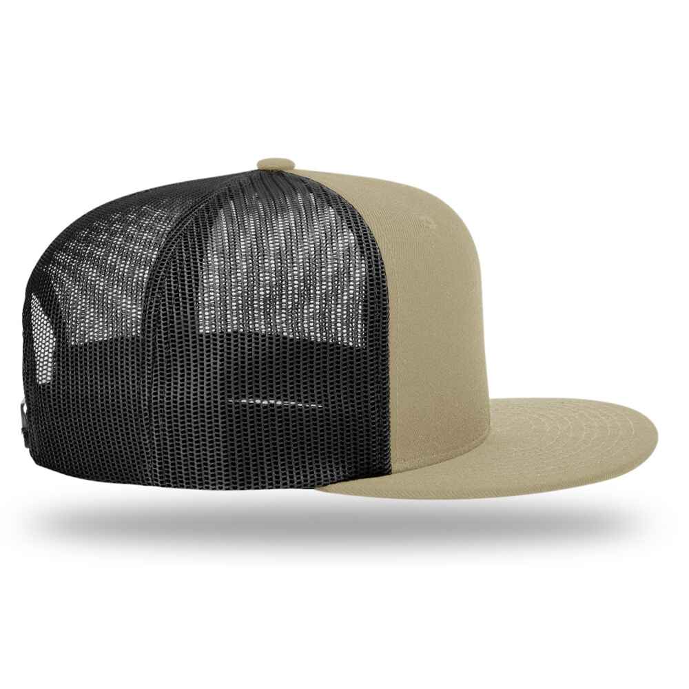 Custom Flat Brim Baseball Caps Richardson 511 trucker hat style Black Mesh Back Khaki Acrylic Polyester Blend Fabric Left view
