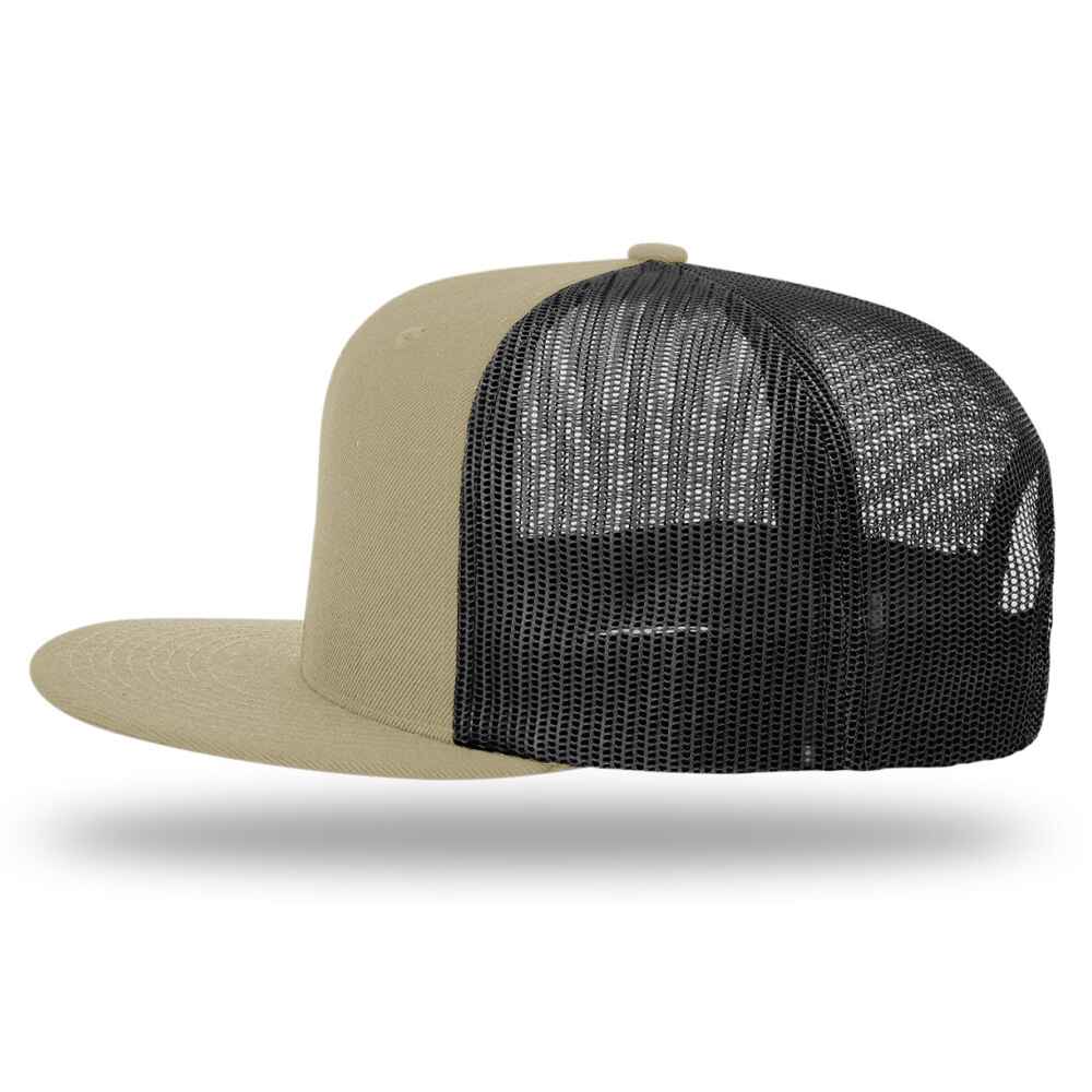 Custom Flat Brim Baseball Caps Richardson 511 trucker hat style Black Mesh Back Khaki Acrylic Polyester Blend Fabric Right view
