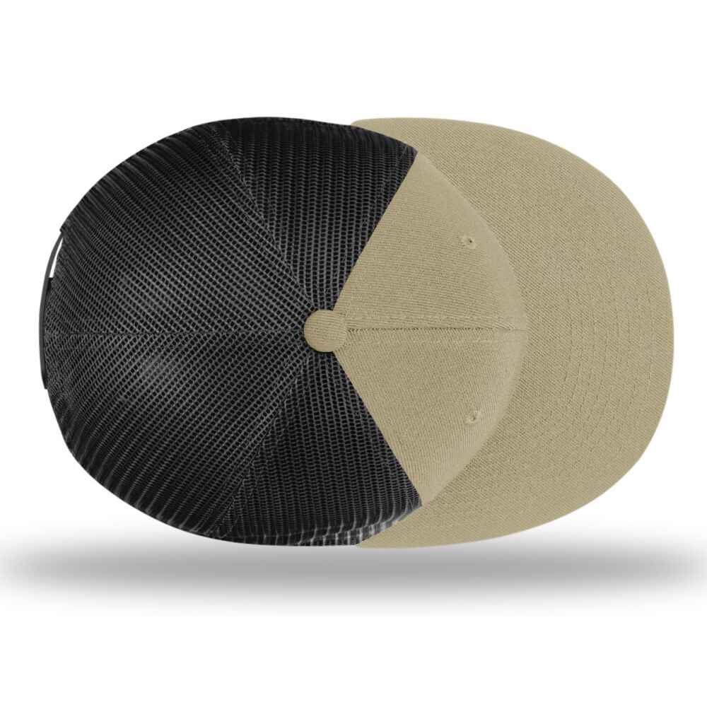 Custom Flat Brim Baseball Caps Richardson 511 trucker hat style Black Mesh Back Khaki Acrylic Polyester Blend Fabric Top view