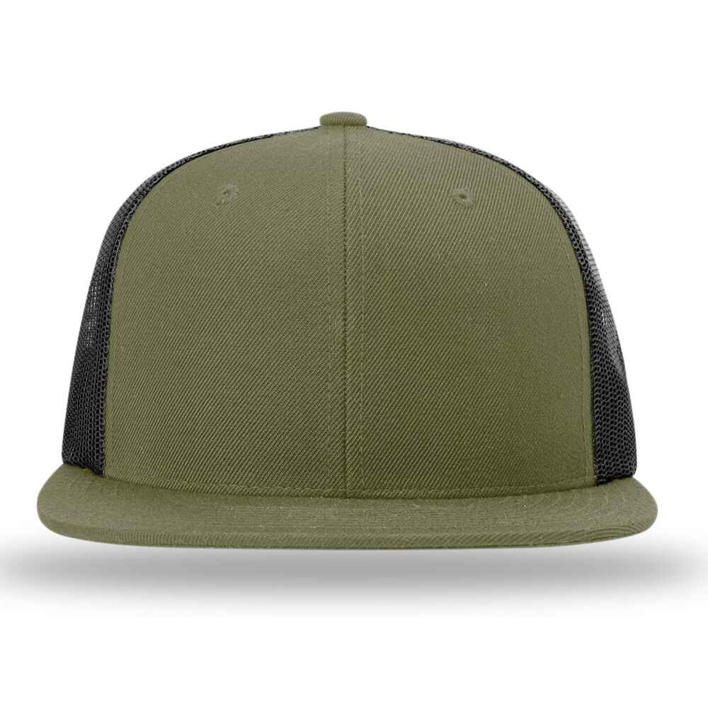 Custom Flat Brim Baseball Caps Richardson 511 trucker hat style Black Mesh Back Loden Acrylic Polyester Blend Fabric Front view