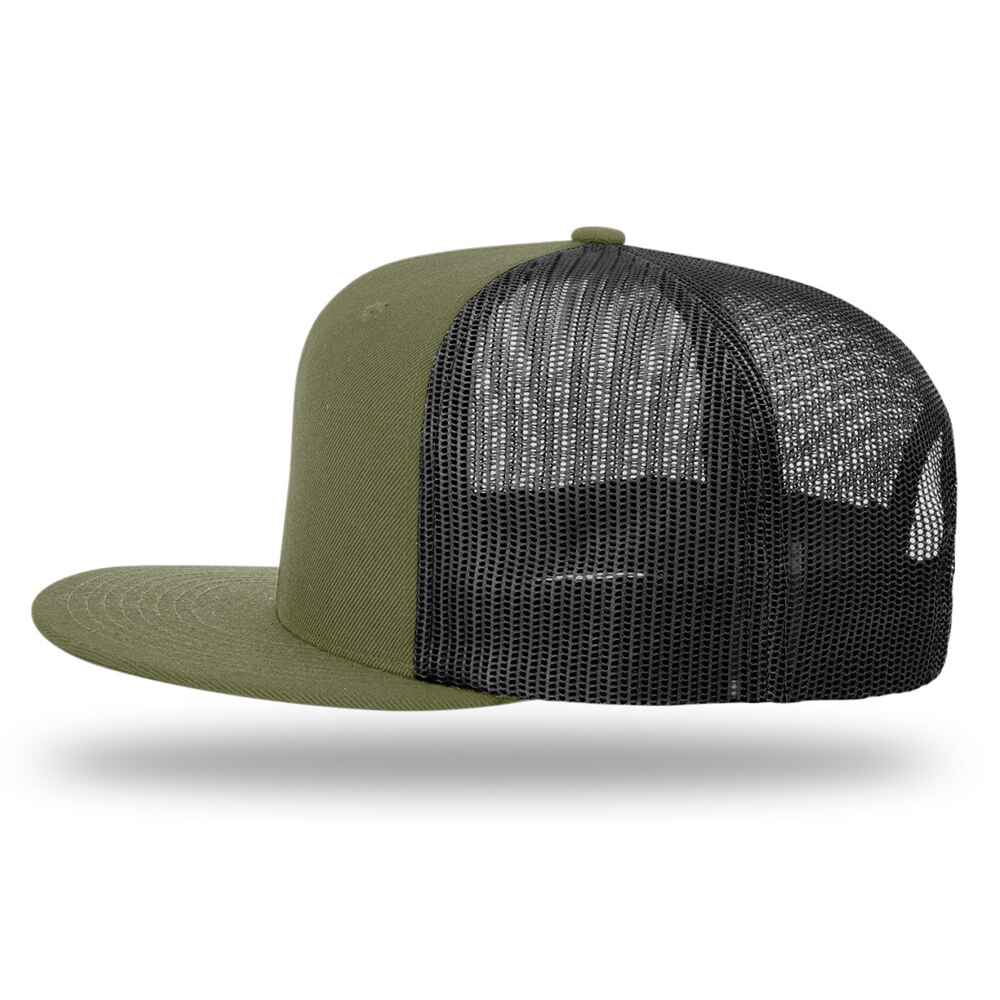 Custom Flat Brim Baseball Caps Richardson 511 trucker hat style Black Mesh Back Loden Acrylic Polyester Blend Fabric Left view