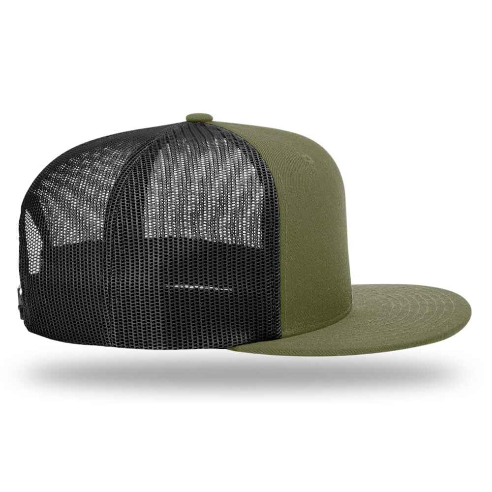 Custom Flat Brim Baseball Caps Richardson 511 trucker hat style Black Mesh Back Loden Acrylic Polyester Blend Fabric Right view