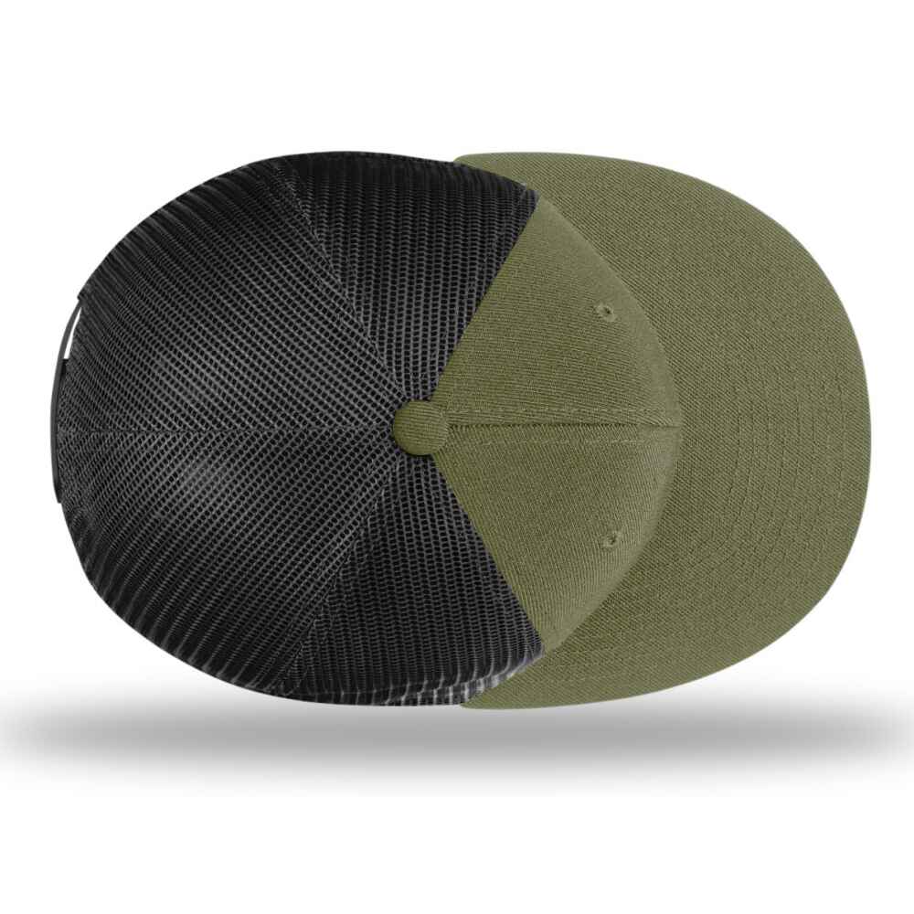 Custom Flat Brim Baseball Caps Richardson 511 trucker hat style Black Mesh Back Loden Acrylic Polyester Blend Fabric Top view