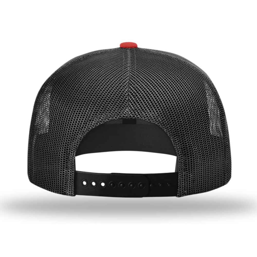 Custom Flat Brim Baseball Caps Richardson 511 trucker hat style Black Mesh Back RED Acrylic Polyester Blend Fabric Back view
