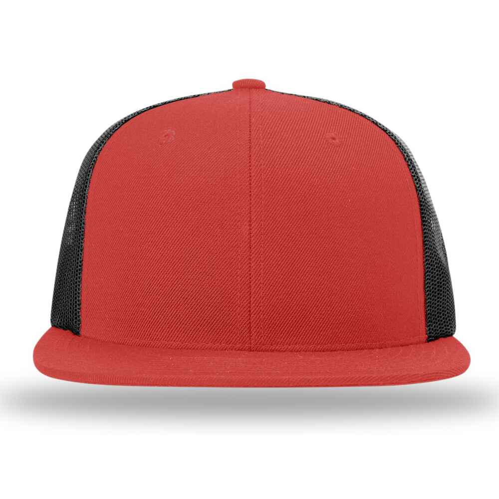 Custom Flat Brim Baseball Caps Richardson 511 trucker hat style Black Mesh Back RED Acrylic Polyester Blend Fabric FRONT view