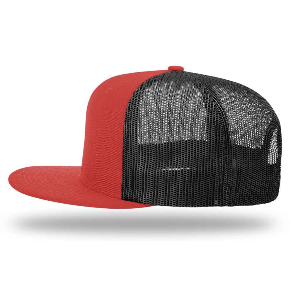 Custom Flat Brim Baseball Caps Richardson 511 trucker hat style Black Mesh Back RED Acrylic Polyester Blend Fabric Left view