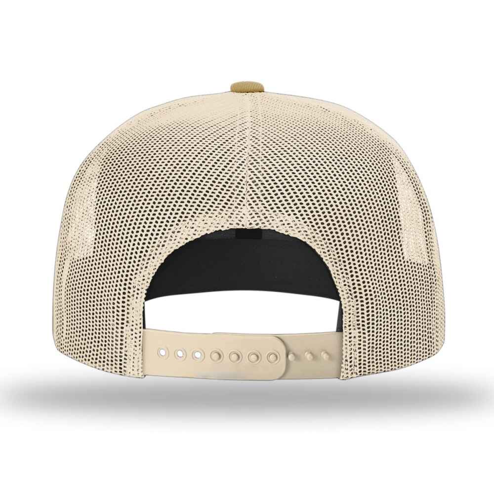 Custom Flat Brim Baseball Caps Richardson 511 trucker hat style Heather Grey Front Acrylic Polyester Blend Fabric Biscuit Acrylic Polyester Blend fabric Visor Birch Mesh Back Back View