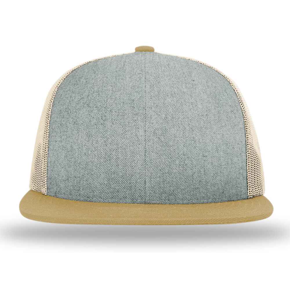 Custom Flat Brim Baseball Caps Richardson 511 trucker hat style Heather Grey Front Acrylic Polyester Blend Fabric Biscuit Acrylic Polyester Blend fabric Visor Birch Mesh Back Front View