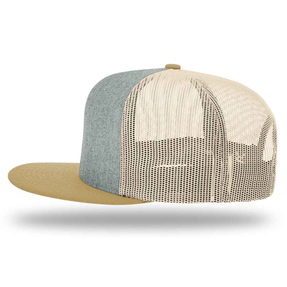 Custom Flat Brim Baseball Caps Richardson 511 trucker hat style Heather Grey Front Acrylic Polyester Blend Fabric Biscuit Acrylic Polyester Blend fabric Visor Birch Mesh Back Left View