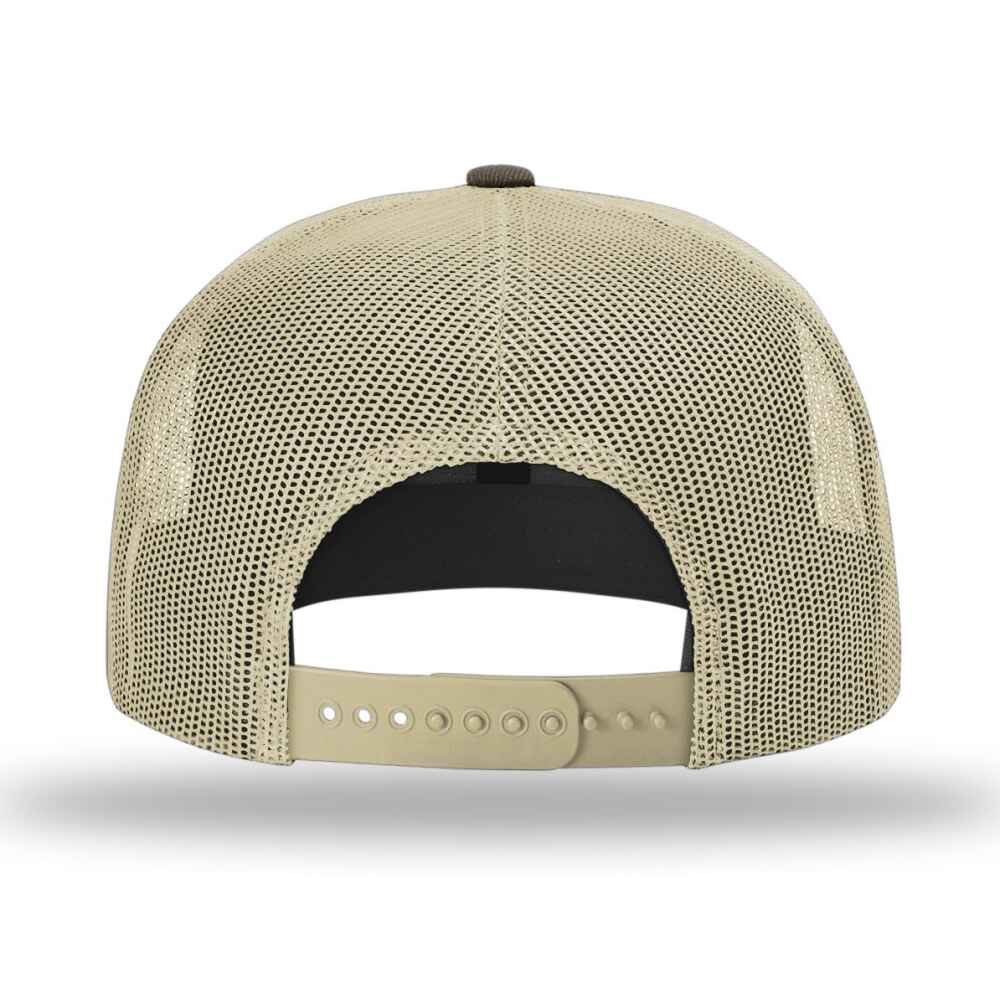 Custom Flat Brim Baseball Caps Richardson 511 trucker hat style Khaki Mesh Back Brown Acrylic Polyester Blend Fabric Back view