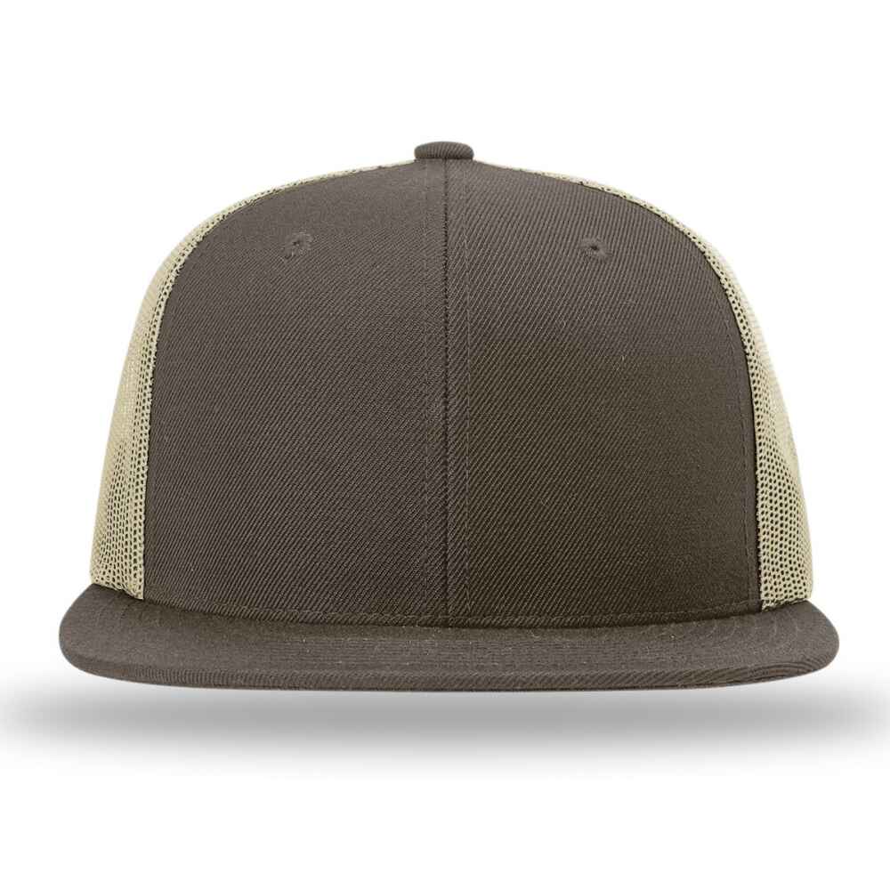 Custom Flat Brim Baseball Caps Richardson 511 trucker hat style Khaki Mesh Back Brown Acrylic Polyester Blend Fabric Front view