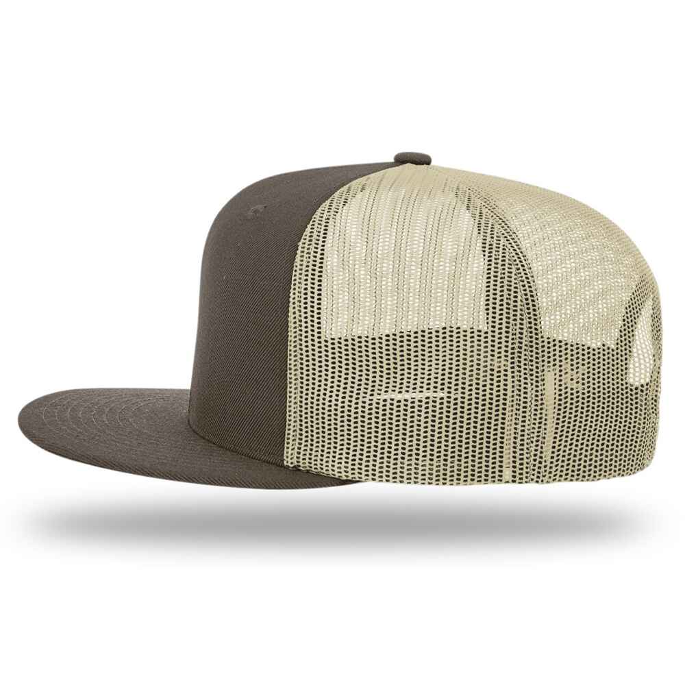 Custom Flat Brim Baseball Caps Richardson 511 trucker hat style Khaki Mesh Back Brown Acrylic Polyester Blend Fabric Left view