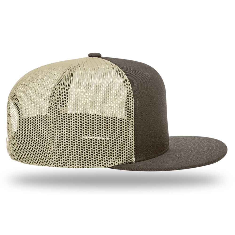 Custom Flat Brim Baseball Caps Richardson 511 trucker hat style Khaki Mesh Back Brown Acrylic Polyester Blend Fabric Right view