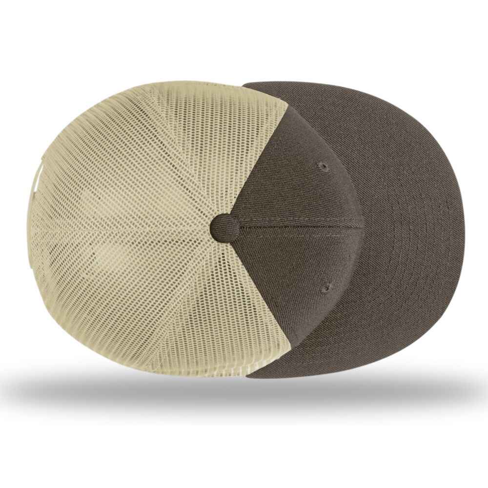 Custom Flat Brim Baseball Caps Richardson 511 trucker hat style Khaki Mesh Back Brown Acrylic Polyester Blend Fabric Top view