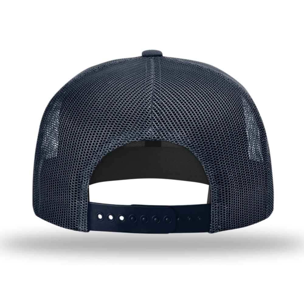 Custom Flat Brim Baseball Caps Richardson 511 trucker hat style Navy Mesh Back Navy Acrylic Polyester Blend Fabric Back view