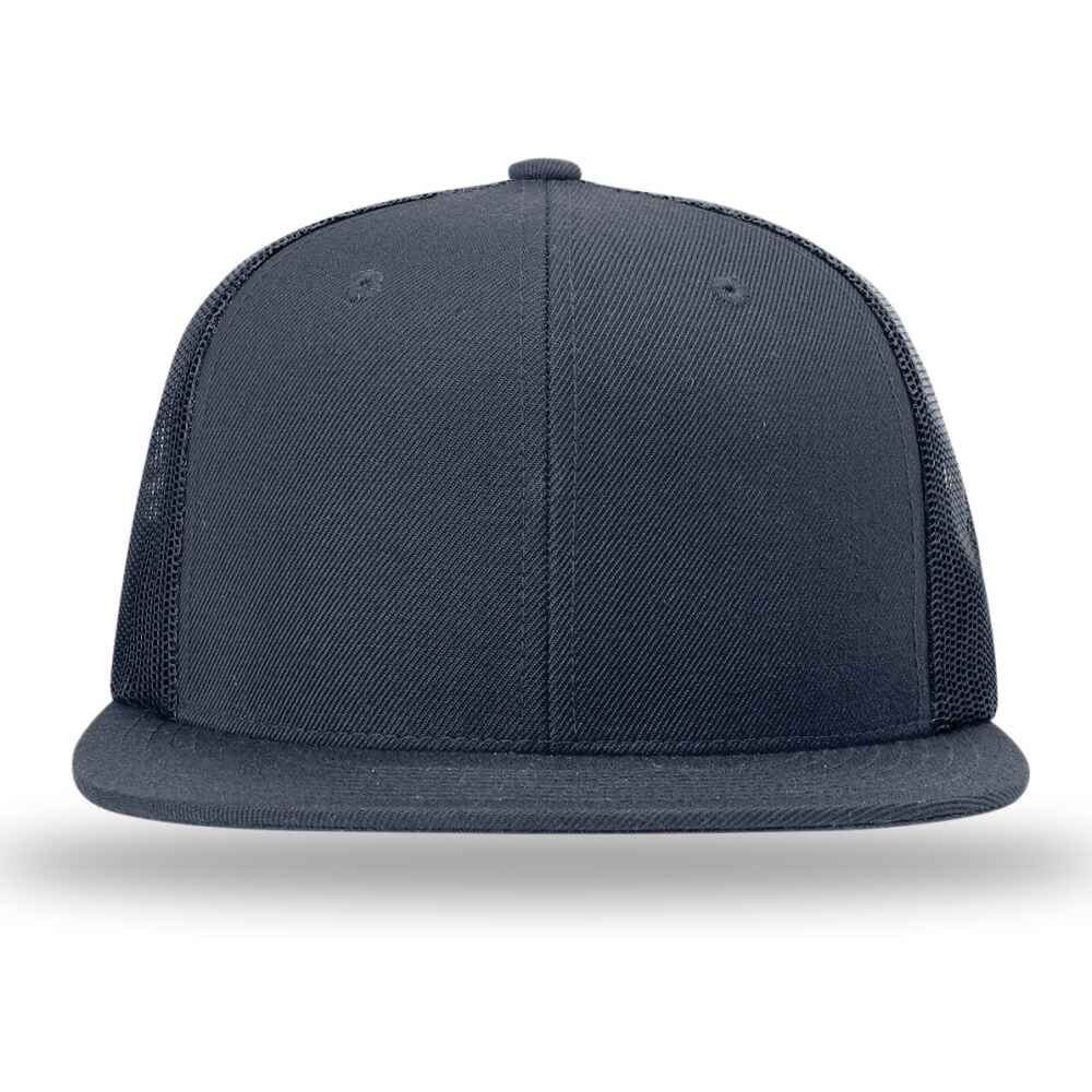 Custom Flat Brim Baseball Caps Richardson 511 trucker hat style Navy Mesh Back Navy Acrylic Polyester Blend Fabric Front view