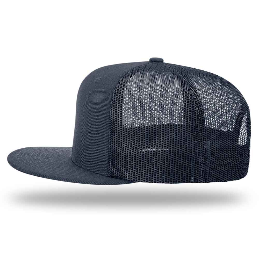 Custom Flat Brim Baseball Caps Richardson 511 trucker hat style Navy Mesh Back Navy Acrylic Polyester Blend Fabric Left view
