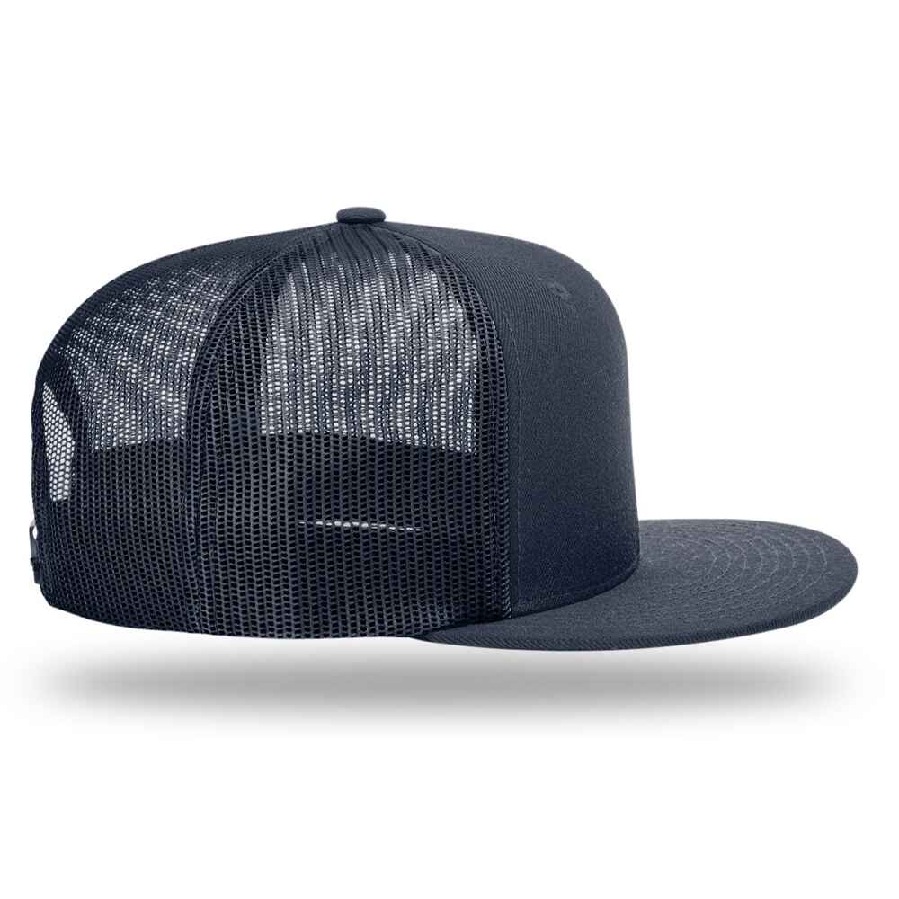 Custom Flat Brim Baseball Caps Richardson 511 trucker hat style Navy Mesh Back Navy Acrylic Polyester Blend Fabric Right view