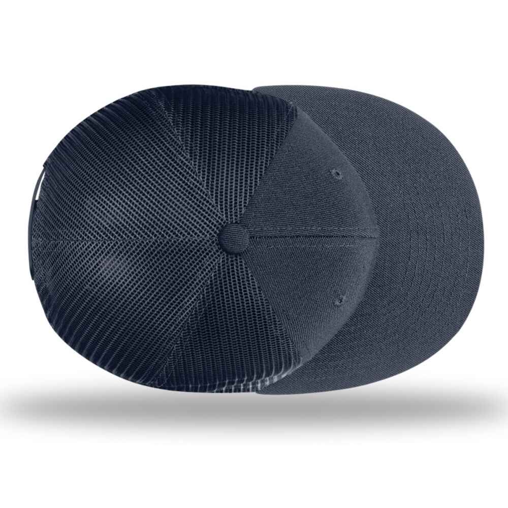 Custom Flat Brim Baseball Caps Richardson 511 trucker hat style Navy Mesh Back Navy Acrylic Polyester Blend Fabric Top view