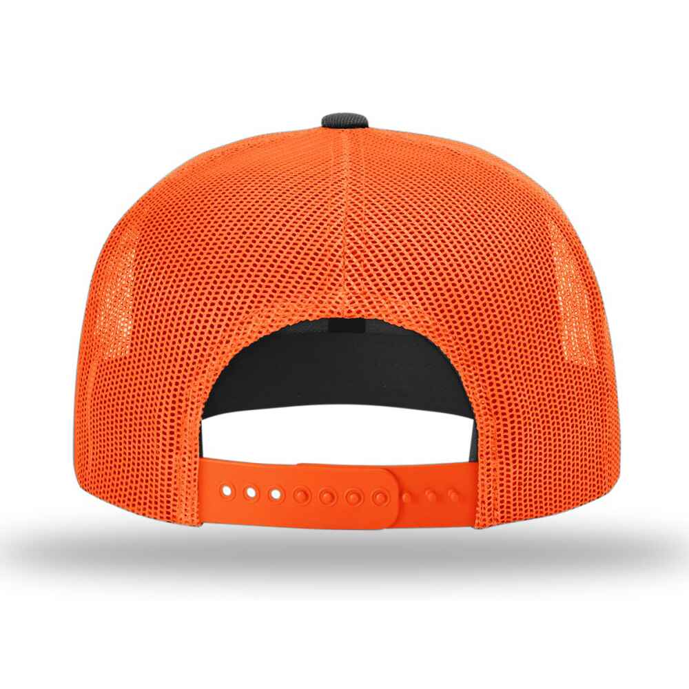 Custom Flat Brim Baseball Caps Richardson 511 trucker hat style Neon Orange Mesh Back Black Acrylic Polyester Blend Fabric Back view