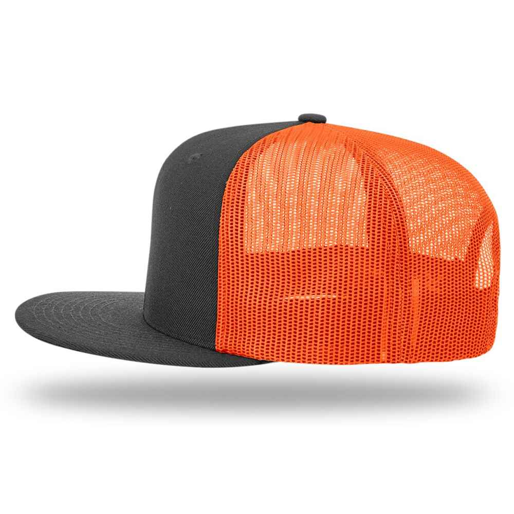 Custom Flat Brim Baseball Caps Richardson 511 trucker hat style Neon Orange Mesh Back Black Acrylic Polyester Blend Fabric Left view