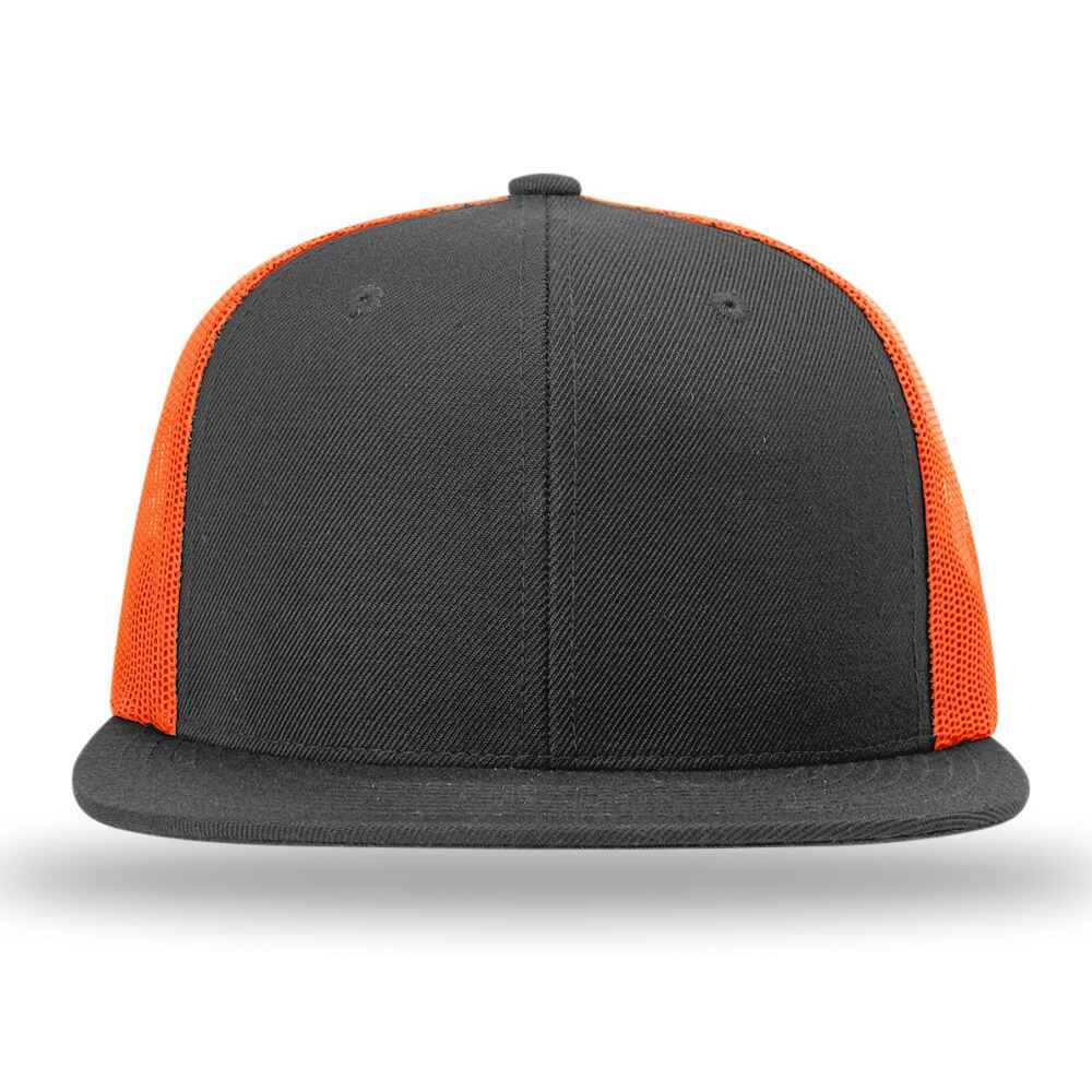 Custom Flat Brim Baseball Caps Richardson 511 trucker hat style Neon Orange Mesh Back Black Acrylic Polyester Blend Fabric front view