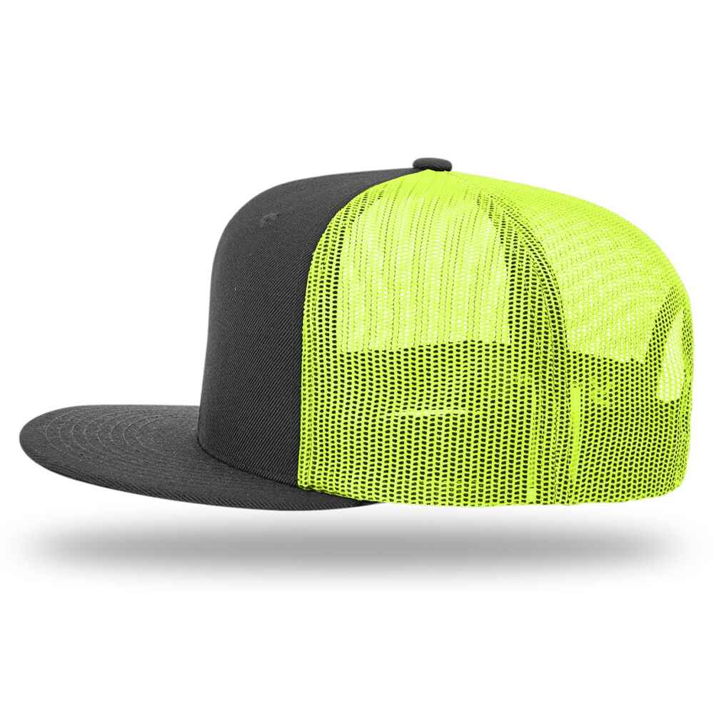 Custom Flat Brim Baseball Caps Richardson 511 trucker hat style Neon Yellow Mesh Back Black Acrylic Polyester Blend Fabric Left view