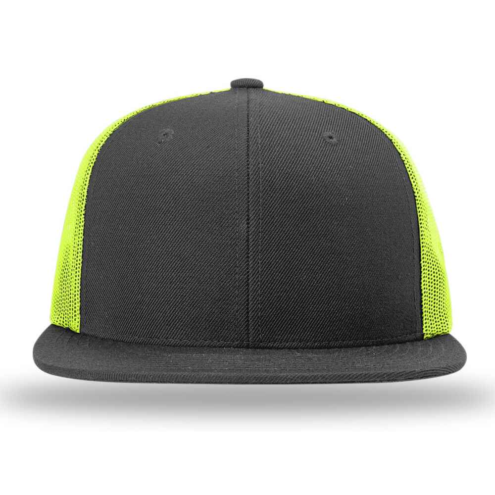 Custom Flat Brim Baseball Caps Richardson 511 trucker hat style Neon Yellow Mesh Back Black Acrylic Polyester Blend Fabric front view