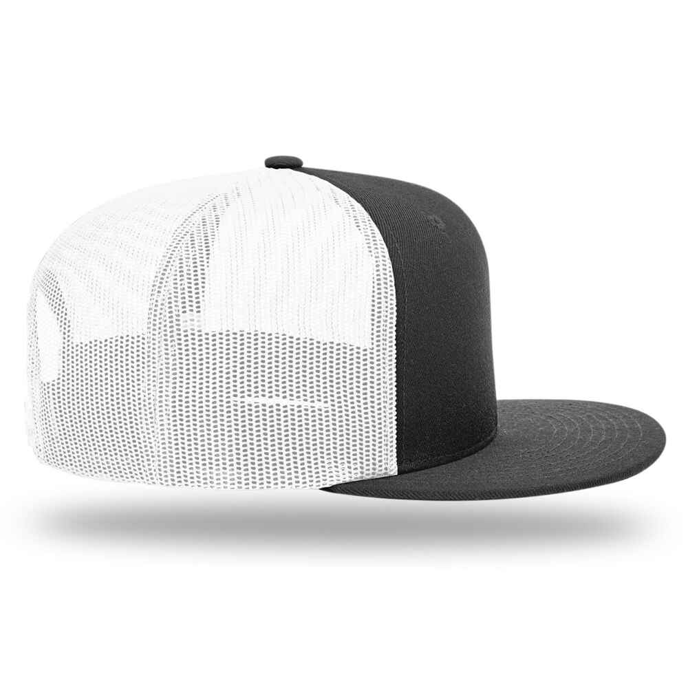 Custom Flat Brim Baseball Caps Richardson 511 trucker hat style White Mesh Back Black Acrylic Polyester Blend Fabric RIGHT View