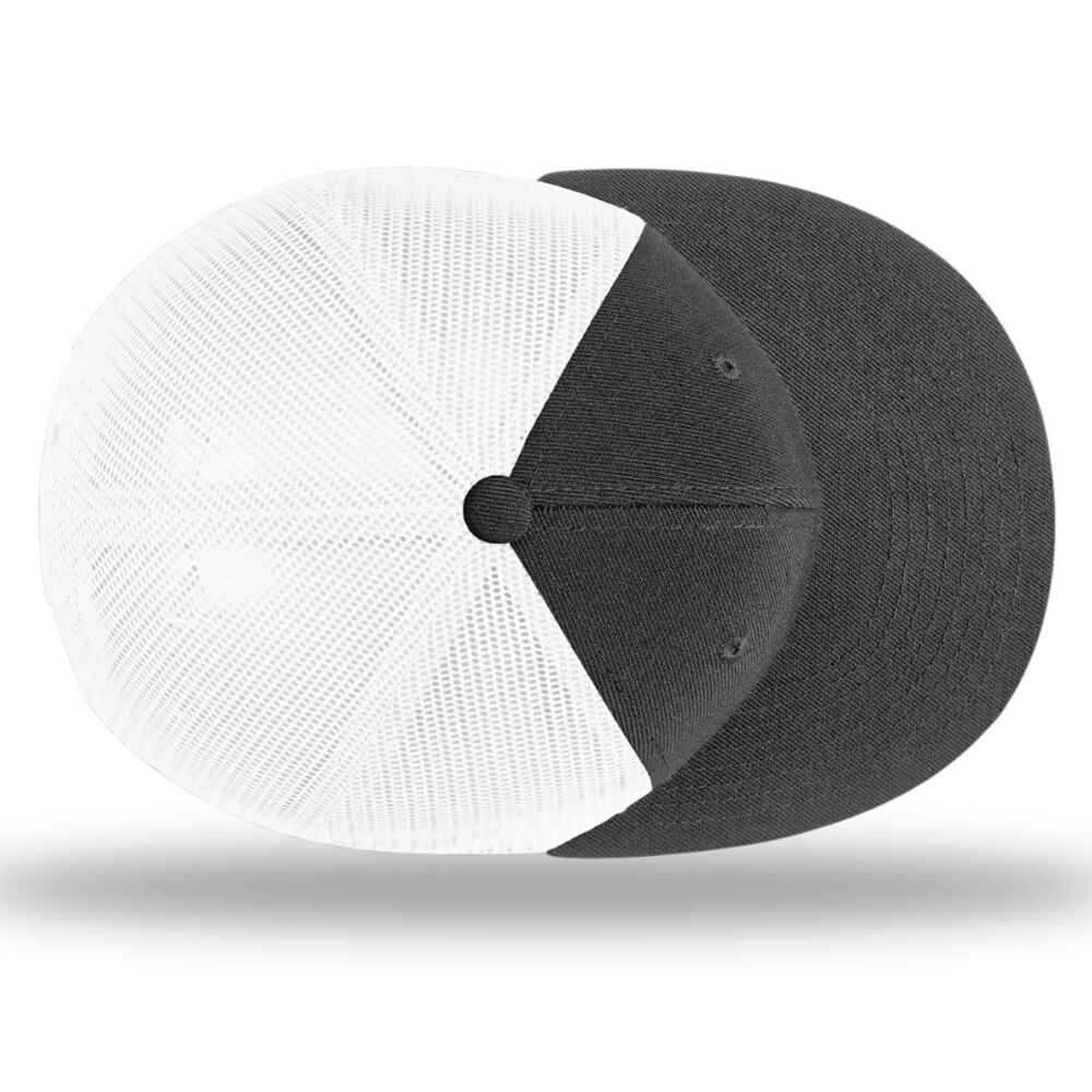 Custom Flat Brim Baseball Caps Richardson 511 trucker hat style White Mesh Back Black Acrylic Polyester Blend Fabric TOP view