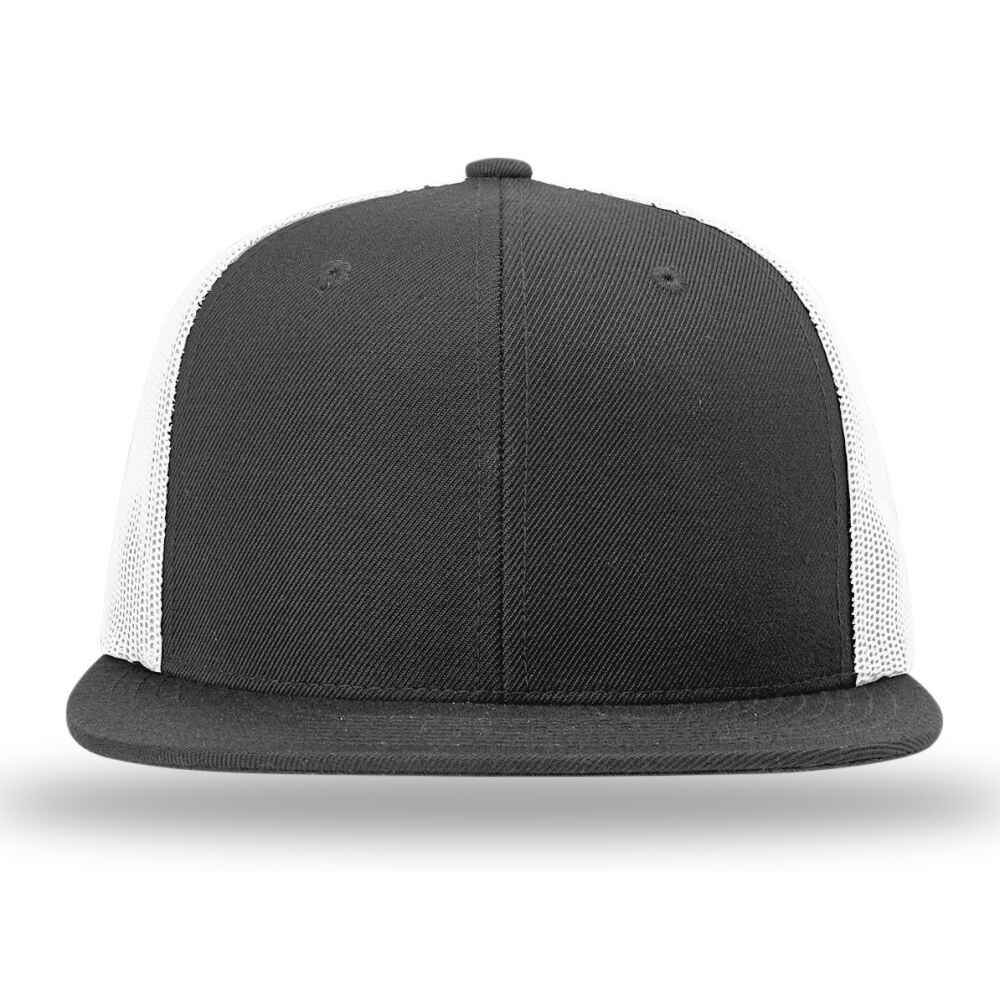 Custom Flat Brim Baseball Caps Richardson 511 trucker hat style White Mesh Back Black Acrylic Polyester Blend Fabric front view