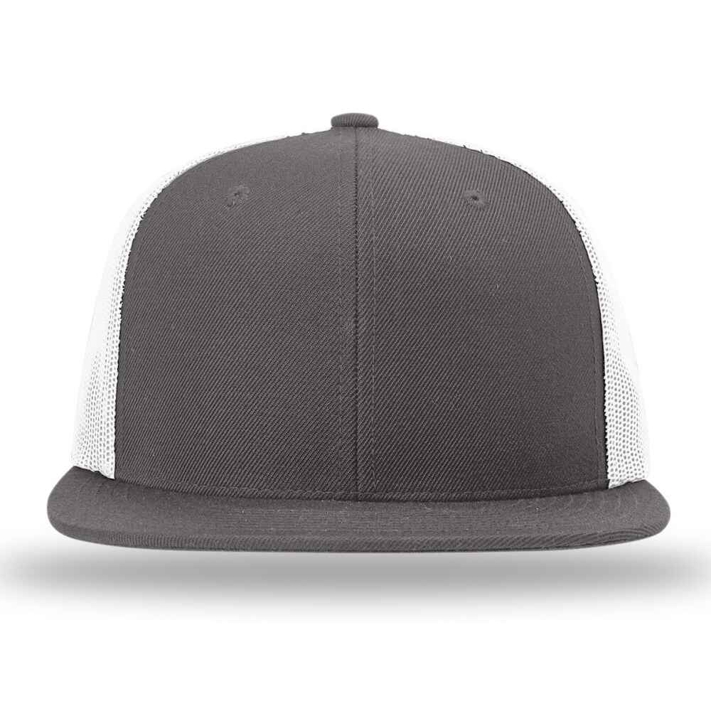 Custom Flat Brim Baseball Caps Richardson 511 trucker hat style White Mesh Back Charcoal Acrylic Polyester Blend Fabric Front view