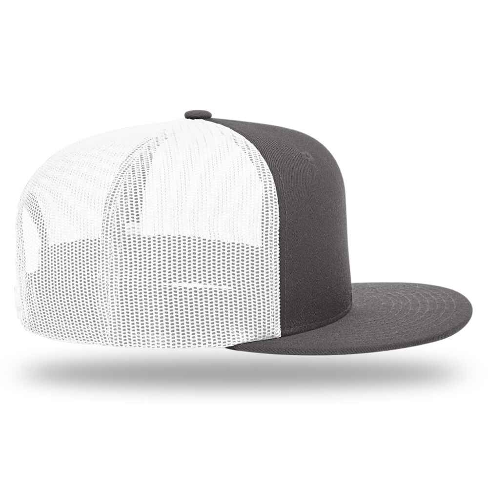 Custom Flat Brim Baseball Caps Richardson 511 trucker hat style White Mesh Back Charcoal Acrylic Polyester Blend Fabric Right view