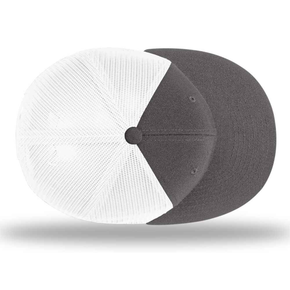 Custom Flat Brim Baseball Caps Richardson 511 trucker hat style White Mesh Back Charcoal Acrylic Polyester Blend Fabric TOP view