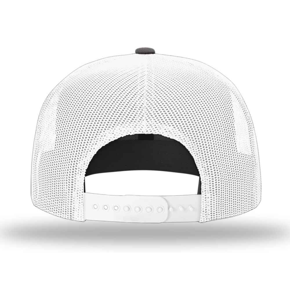 Custom Flat Brim Baseball Caps Richardson 511 trucker hat style White Mesh Back Charcoal Acrylic Polyester Blend Fabric back view