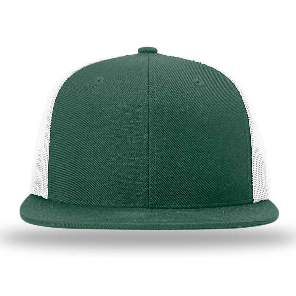Custom Flat Brim Baseball Caps Richardson 511 trucker hat style White Mesh Back Dark Green Acrylic Polyester Blend Fabric Front view