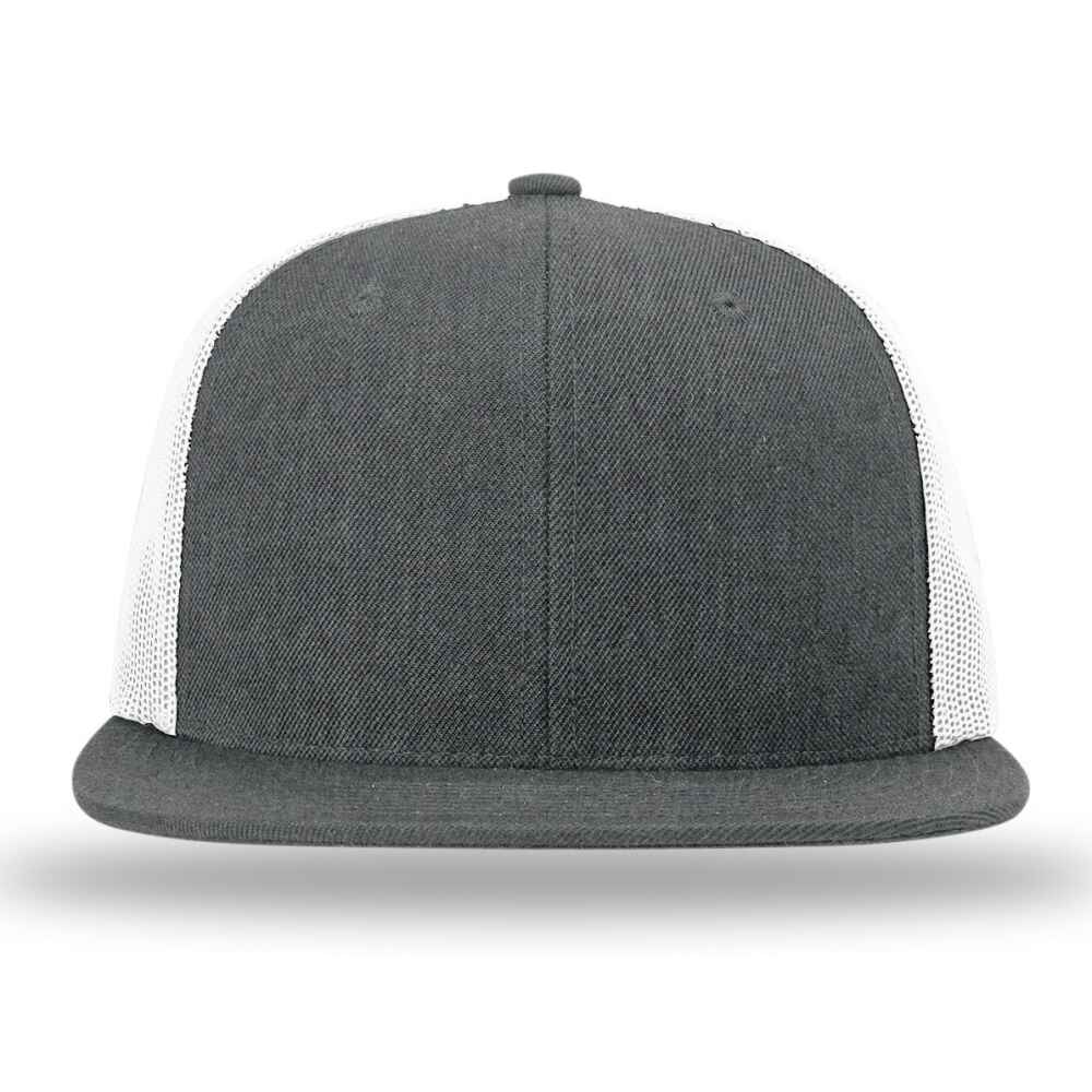 Custom Flat Brim Baseball Caps Richardson 511 trucker hat style White Mesh Back Heather Charcoal Acrylic Polyester Blend Fabric Front view