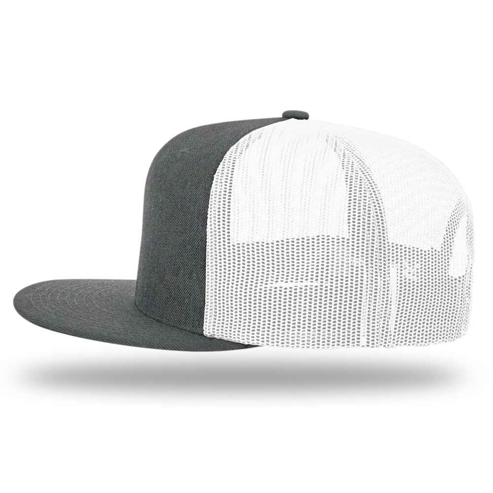 Custom Flat Brim Baseball Caps Richardson 511 trucker hat style White Mesh Back Heather Charcoal Acrylic Polyester Blend Fabric Left view