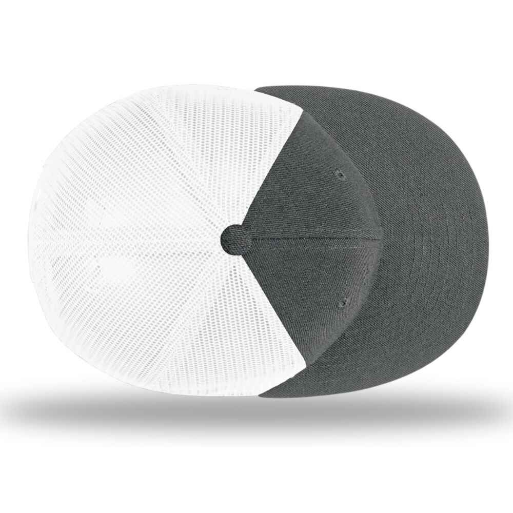 Custom Flat Brim Baseball Caps Richardson 511 trucker hat style White Mesh Back Heather Charcoal Acrylic Polyester Blend Fabric top view