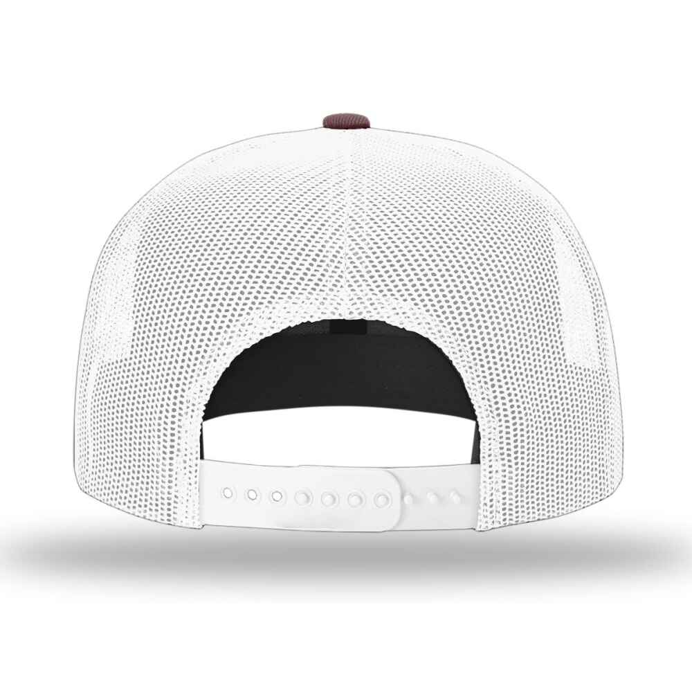 Custom Flat Brim Baseball Caps Richardson 511 trucker hat style White Mesh Back Maroon Acrylic Polyester Blend Fabric BACK view