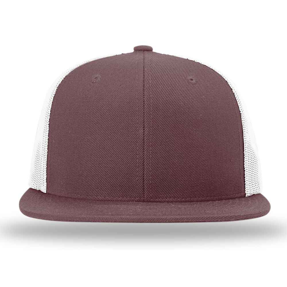 Custom Flat Brim Baseball Caps Richardson 511 trucker hat style White Mesh Back Maroon Acrylic Polyester Blend Fabric Front view