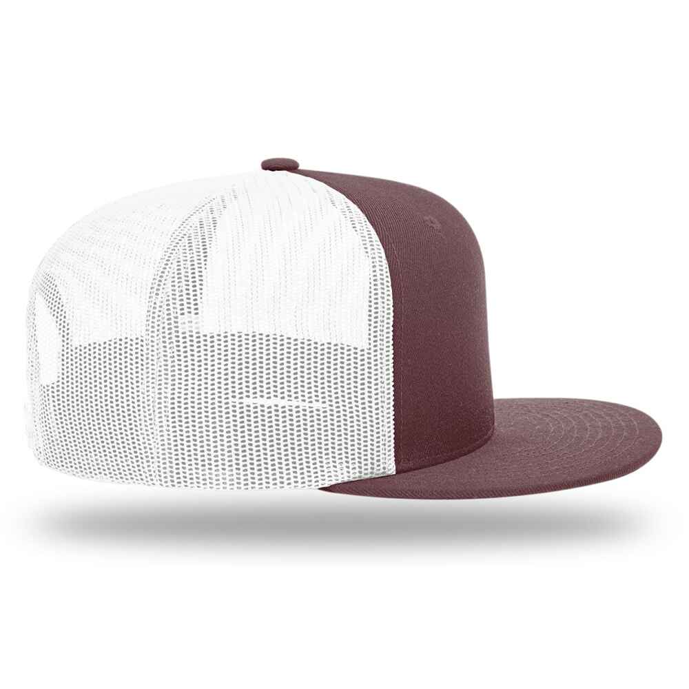 Custom Flat Brim Baseball Caps Richardson 511 trucker hat style White Mesh Back Maroon Acrylic Polyester Blend Fabric RIGHT view