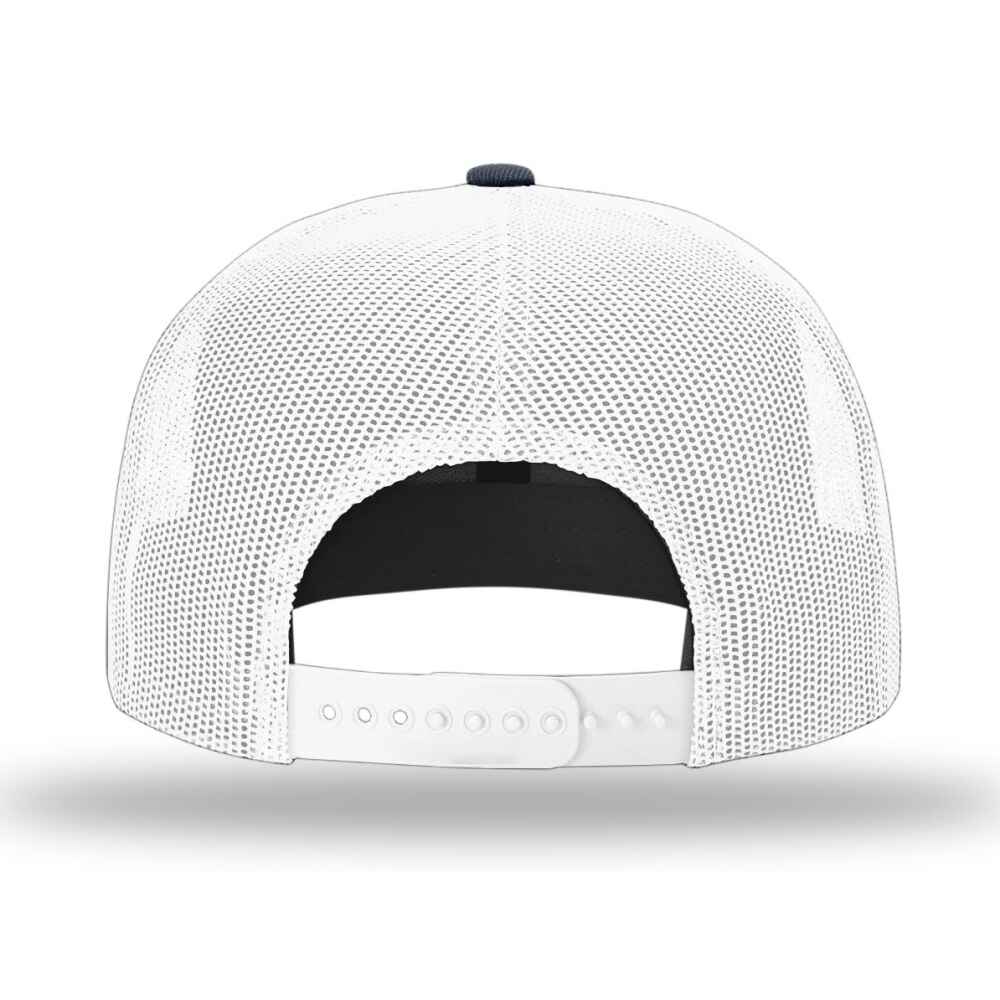 Custom Flat Brim Baseball Caps Richardson 511 trucker hat style White Mesh Back Navy Acrylic Polyester Blend Fabric BACK view