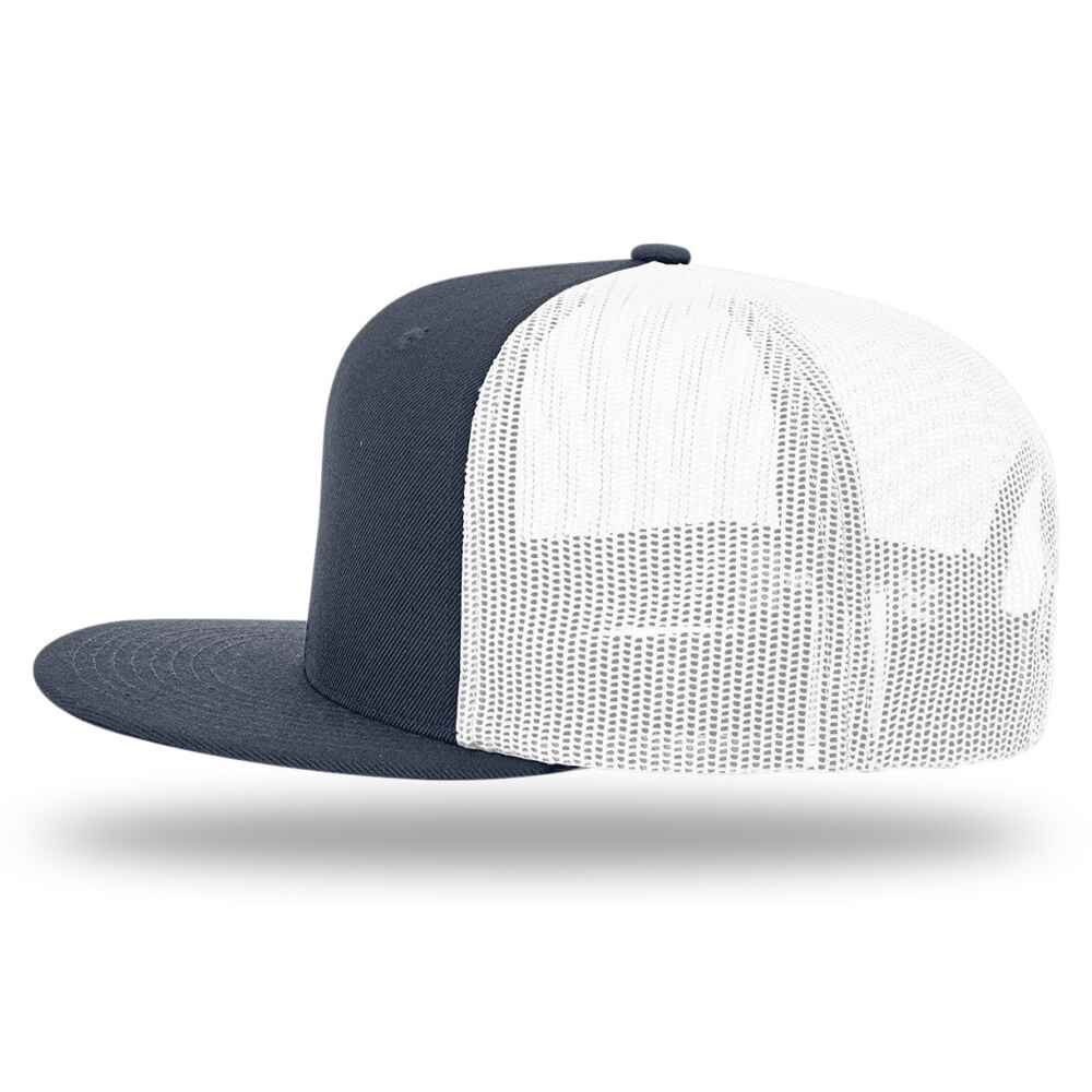 Custom Flat Brim Baseball Caps Richardson 511 trucker hat style White Mesh Back Navy Acrylic Polyester Blend Fabric Left view