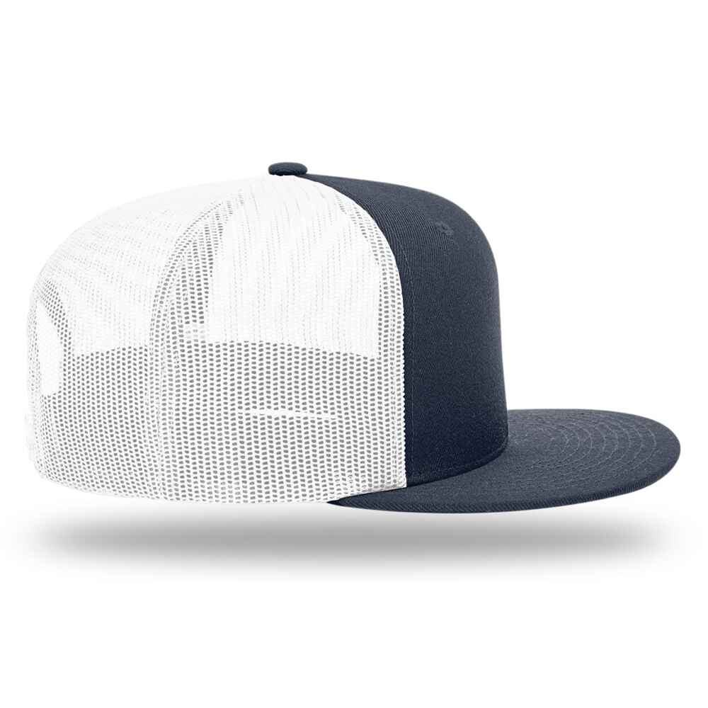Custom Flat Brim Baseball Caps Richardson 511 trucker hat style White Mesh Back Navy Acrylic Polyester Blend Fabric  Right view