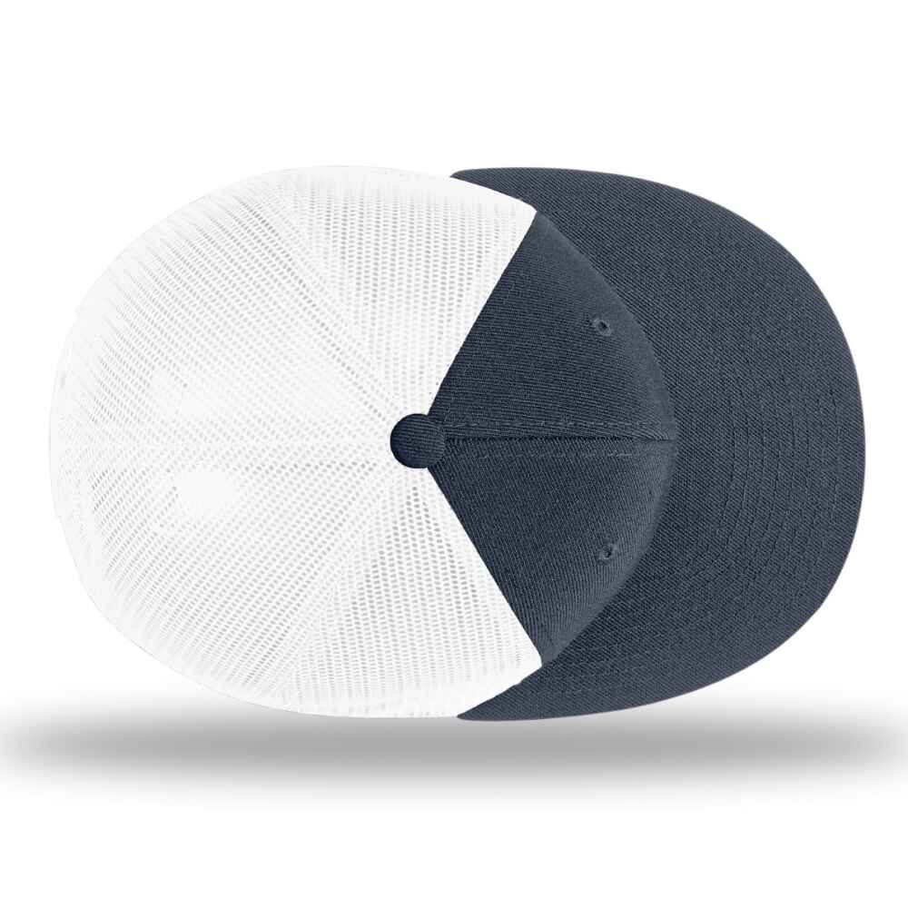 Custom Flat Brim Baseball Caps Richardson 511 trucker hat style White Mesh Back Navy Acrylic Polyester Blend Fabric  TOP view