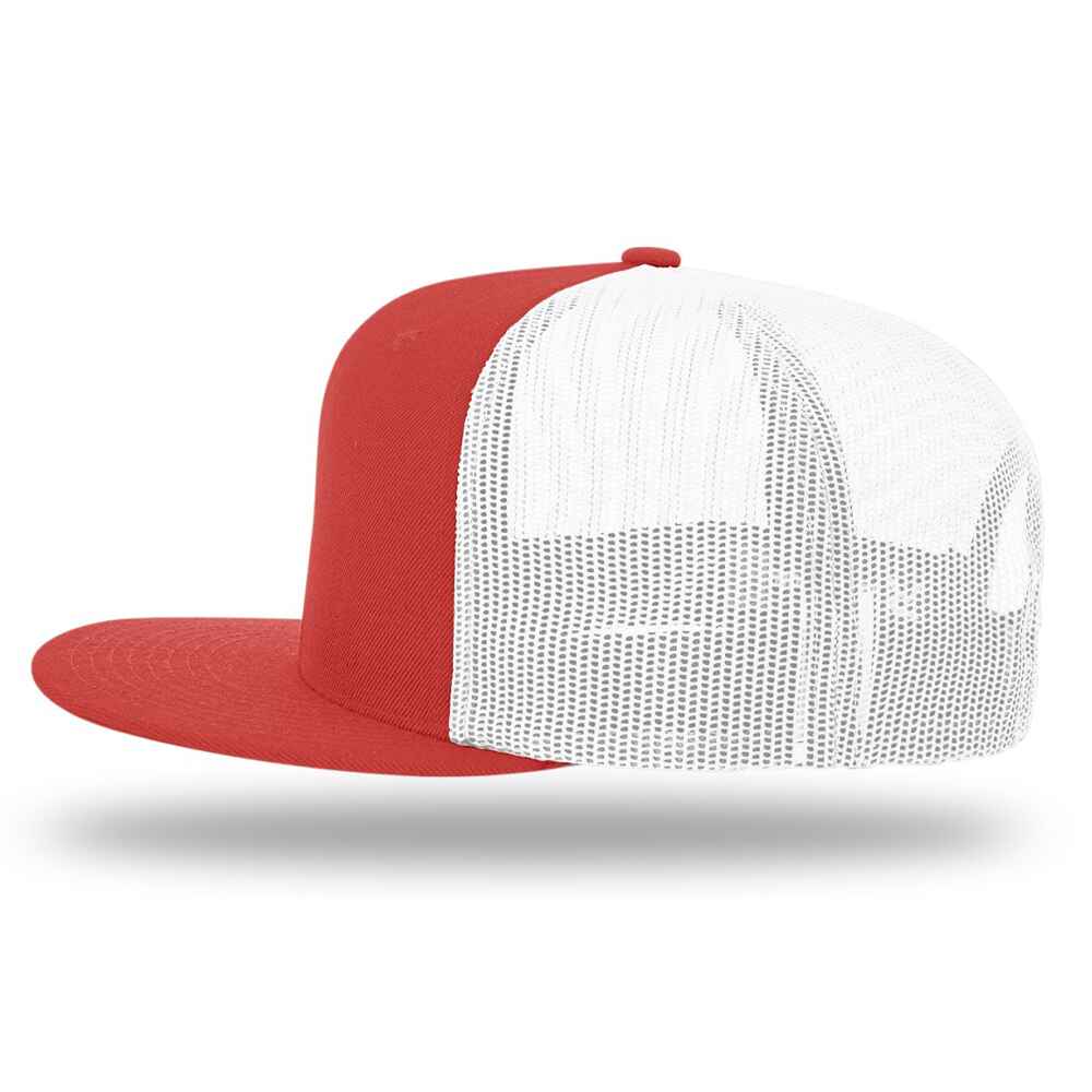 Custom Flat Brim Baseball Caps Richardson 511 trucker hat style White Mesh Back RED Acrylic Polyester Blend Fabric LEFT view